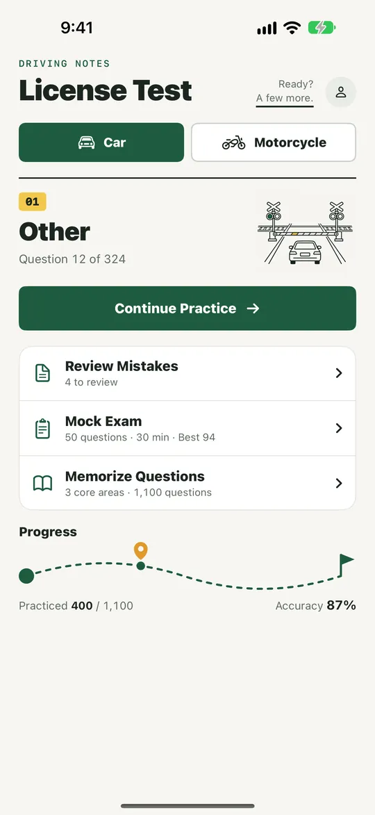 Home screen: continue practice, mistake review, mock exam, memorize and progress