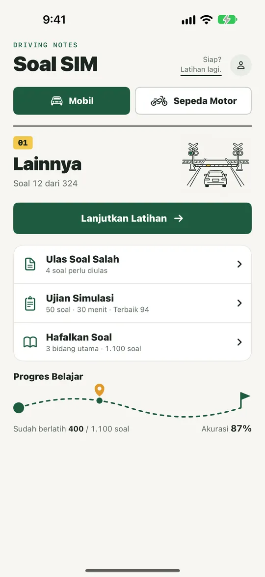 Layar beranda: lanjutkan latihan, ulas soal yang kamu jawab salah, ikuti ujian simulasi, hafalkan soal, dan lihat kemajuan belajar