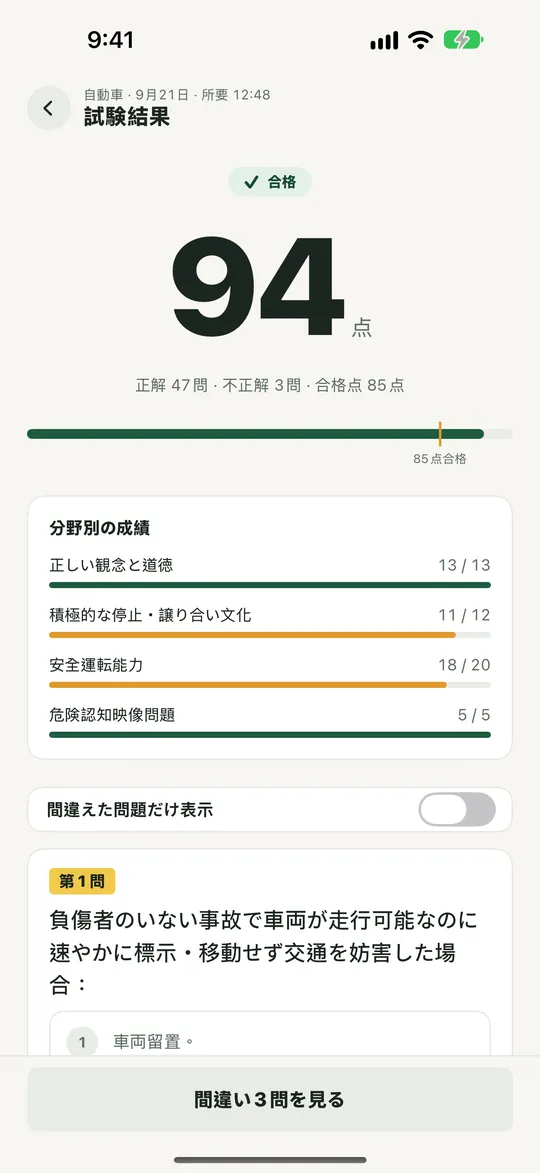 成績:枠組み別の正答率をひと目で確認できます