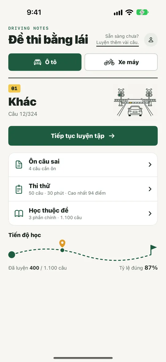 Trang chủ: tiếp tục luyện tập, ôn lại câu sai, thi thử, học thuộc và tiến độ học