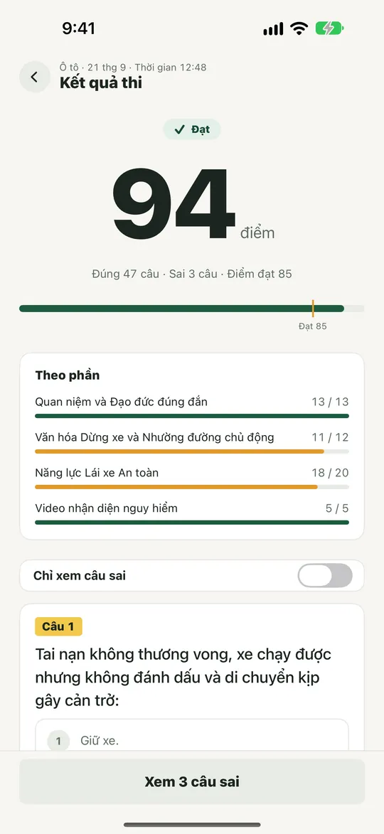 Kết quả: xem nhanh tỷ lệ đúng theo nhóm nội dung